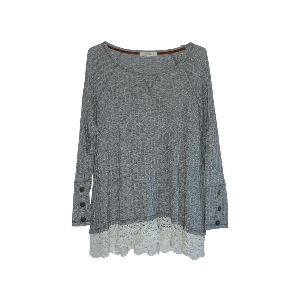 Rewind Women’s Gray Ribbed Knit Long Sleeve Tunic Top Lace Hem Boho Size 2X